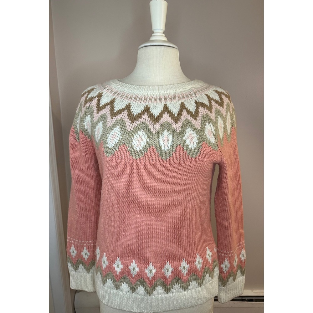 Talbots Womens Pink Fair Isle Wool Blend Crew Neck Knit Sweater Size M